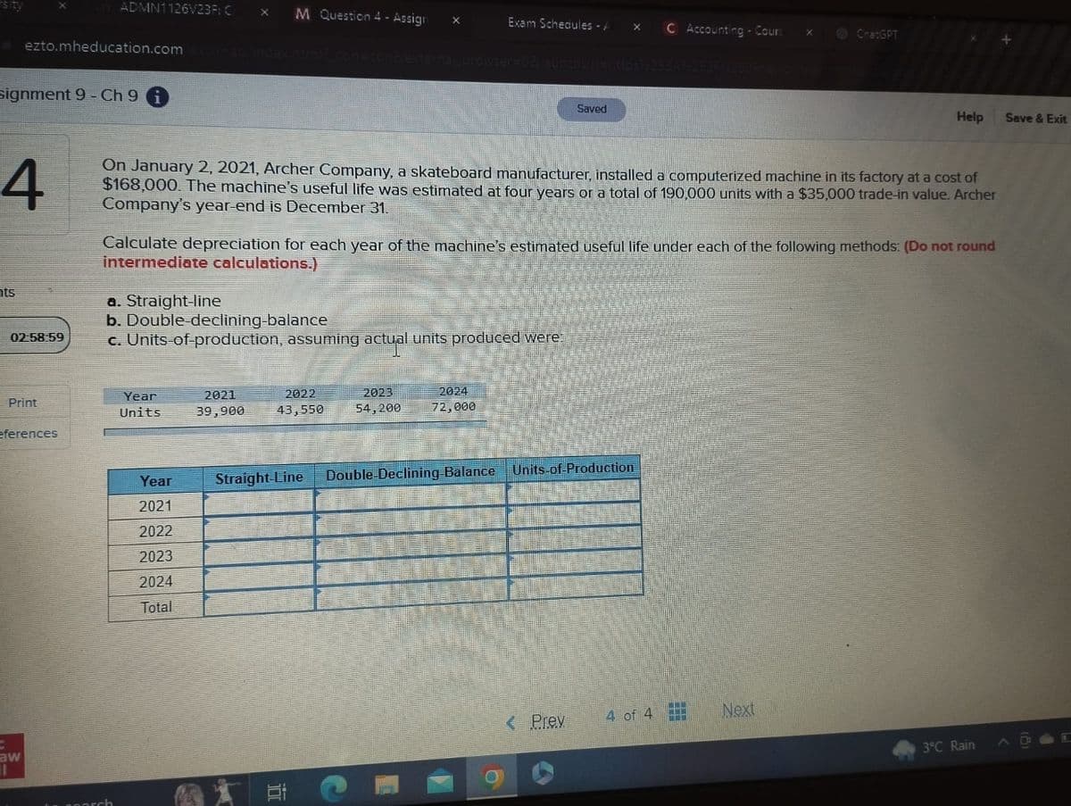 sity
M Question 4 - Assign X
ezto.mheducation.com/ext/map/index.html?_con=conclexternal_browser=0&aunchurl=https:8253A%25251-252
signment 9 - Ch 9 i
4
nts
02:58:59
Print
eferences
aw
11
ADMN1126V23F: C
corch
a. Straight-line
b. Double-declining-balance
c. Units-of-production, assuming actual units produced were:
Year
Units
2021
39,900
On January 2, 2021, Archer Company, a skateboard manufacturer, installed a computerized machine in its factory at a cost of
$168,000. The machine's useful life was estimated at four years or a total of 190,000 units with a $35,000 trade-in value. Archer
Company's year-end is December 31.
2022
43,550
Calculate depreciation for each year of the machine's estimated useful life under each of the following methods: (Do not round
intermediate calculations.)
Exam Schecules - A
2023
54,200
TE
2024
72,000
Year Straight-Line Double-Declining-Balance
2021
2022
2023
2024
Total
Saved
X
Prev
Units of Production
C Accounting - Cours
4 of 4
ChatGPT
www
Help
Next
3°C Rain
Save & Exit