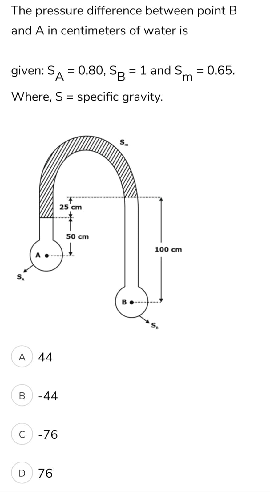 The pressure difference between point B
and A in centimeters of water is
given: SA
= 0.80, Sp = 1 and S
= 1 and Sm
= 0.65.
Where, S = specific gravity.
25 cm
50 cm
100 cm
..... ..
B
So
A 44
-44
C -76
D 76
