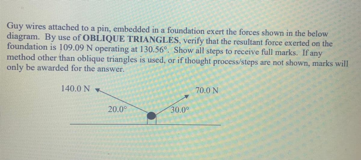 Guy wires attached to a pin, embedded in a foundation exert the forces shown in the below
diagram. By use of OBLIQUE TRIANGLES, verify that the resultant force exerted on the
foundation is 109.09 N operating at 130.56°. Show all steps to receive full marks. If any
method other than oblique triangles is used, or if thought process/steps are not shown, marks will
only be awarded for the answer.
140.0 N
70.0 N
20.0°
30.0°
