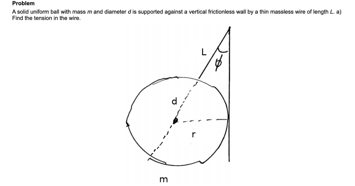 Problem
A solid uniform ball with mass m and diameter d is supported against a vertical frictionless wall by a thin massless wire of length L. a)
Find the tension in the wire.
L
r
m
