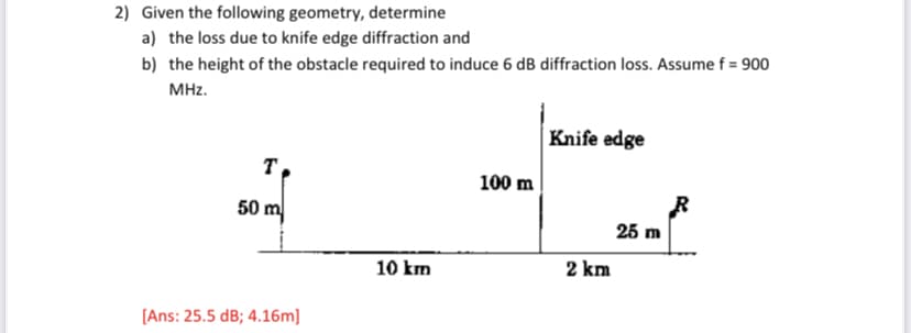 2) Given the following geometry, determine
a) the loss due to knife edge diffraction and
b) the height of the obstacle required to induce 6 dB diffraction loss. Assume f = 900
MHz.
Knife edge
T
100 m
50 m
25 m
10 km
2 km
(Ans: 25.5 dB; 4.16m]
