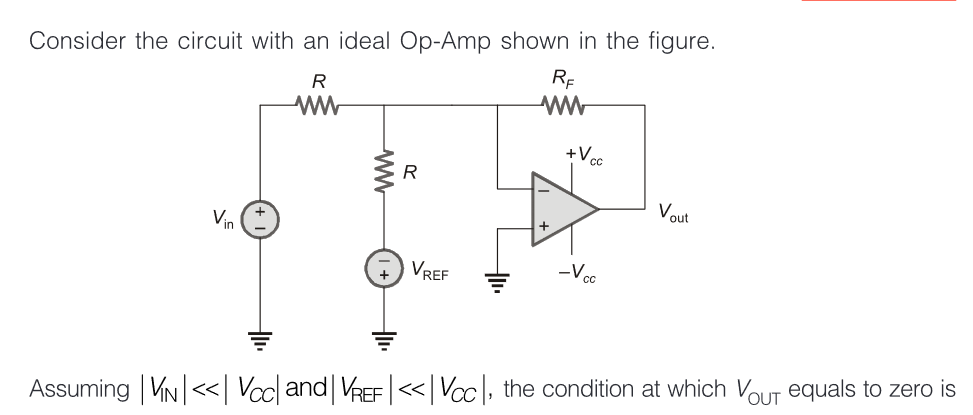 Consider the circuit with an ideal Op-Amp shown in the figure.
Rp
R
+Voc
R
Vout
Vin
VREF
-Vcc
Assuming VN<| Vcc| and| VREF <«|Vc|, the condition at which Vour equals to zero is
ww
