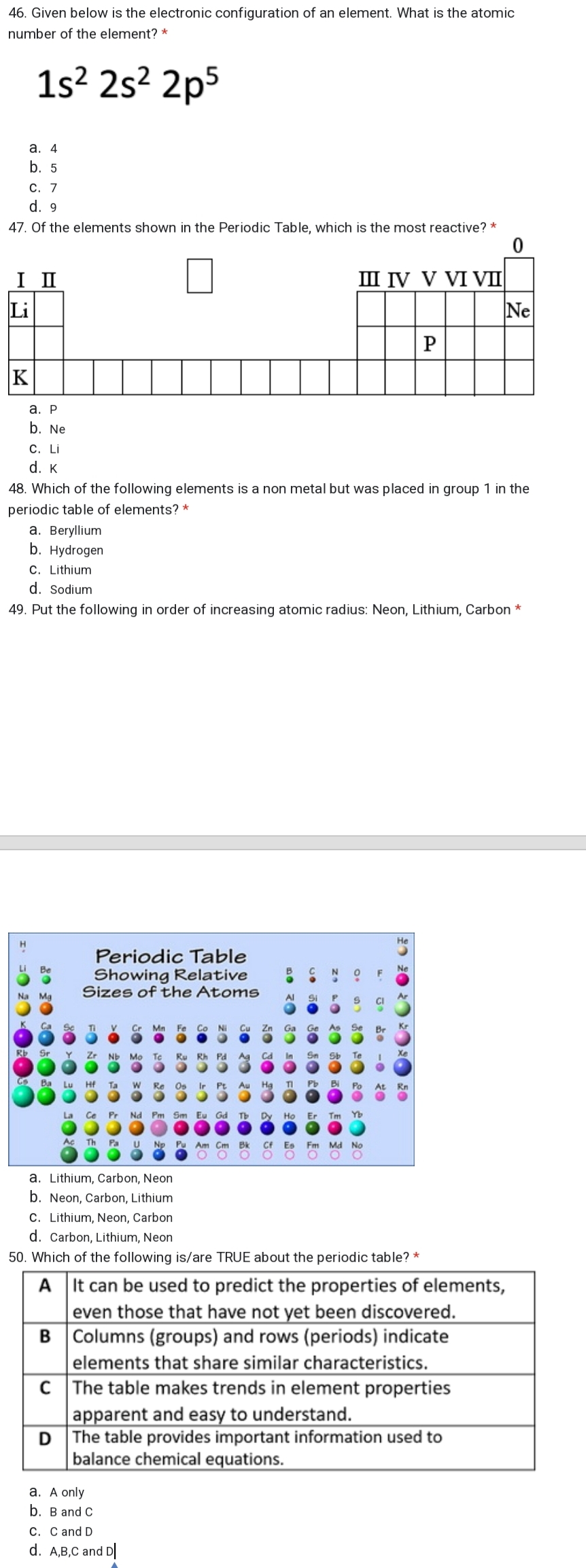 46. Given below is the electronic configuration of an element. What is the atomic
number of the element? *
1s? 2s? 2p5
а. 4
b. 5
С. 7
d. 9
47. Of the elements shown in the Periodic Table, which is the most reactive? *
I I
Li
ΠV VI VI
Ne
K
а. Р
b. Ne
C. Li
d. K
48. Which of the following elements is a non metal but was placed in group 1 in the
periodic table of elements? *
а. Berylium
b. Hydrogen
C. Lithium
d. Sodium
49. Put the following in order of increasing atomic radius: Neon, Lithium, Carbon *
Не
Periodic Table
Li
Be
Ne
F
Showing Relative
Sizes of the Atoms
Na Ma
Al
Si
Ar
CI
K
Ca
Sc
V
Cr Mn Fe Co Ni
Cu Zn
Ga
Ge As Se
Br
Rb
Sr
Y.
Zr
NE Mo Tc
Ru Rh Pd
Ag
Cd
In
Sn
Sb
Te
Ba
Lu
Ta
Re Os
Ir Pt
Au Hg
TI
Pb
Bi
Po
At
La
Ce Pr Nd Pm Sm Eu Gd Tb Dy Ho Er
Tm Yb
Ac
Th
Pa
Pu Am Cm
O O
Np
Bk
Eo
O O O
Cf
Fm
Md No
a. Lithium, Carbon, Neon
b. Neon, Carbon, Lithium
C. Lithium, Neon, Carbon
d. Carbon, Lithium, Neon
50. Which of the following is/are TRUE about the periodic table? *
A It can be used to predict the properties of elements,
even those that have not yet been discovered.
B Columns (groups) and rows (periods) indicate
elements that share similar characteristics.
C The table makes trends in element properties
apparent and easy to understand.
The table provides important information used to
balance chemical equations.
а. A only
b. B and C
C. C and D
d. A,B,C and D
