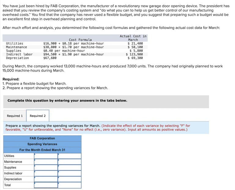 You have just been hired by FAB Corporation, the manufacturer of a revolutionary new garage door opening device. The president has
asked that you review the company's costing system and "do what you can to help us get better control of our manufacturing
overhead costs." You find that the company has never used a flexible budget, and you suggest that preparing such a budget would be
an excellent first step in overhead planning and control.
After much effort and analysis, you determined the following cost formulas and gathered the following actual cost data for March:
Utilities
Maintenance
Supplies
Indirect labor
Depreciation
Cost Formula
$16,900 + $0.18 per machine-hour
$38,800 +$1.70 per machine-hour
$0.40 per machine-hour
$94,500 +$1.90 per machine-hour
$67,600
Actual Cost in
March
$ 21,400
$ 58,100
$ 5,800
$123,900
$ 69,300
During March, the company worked 13,000 machine-hours and produced 7,000 units. The company had originally planned to work
15,000 machine-hours during March.
Required:
1. Prepare a flexible budget for March.
2. Prepare a report showing the spending variances for March.
Complete this question by entering your answers in the tabs below.
Required 1
Required 2
Prepare a report showing the spending variances for March. (Indicate the effect of each variance by selecting "F" for
favorable, "U" for unfavorable, and "None" for no effect (i.e., zero variance). Input all amounts as positive values.)
Utilities
FAB Corporation
Spending Variances
For the Month Ended March 31
Maintenance
Supplies
Indirect labor
Depreciation
Total