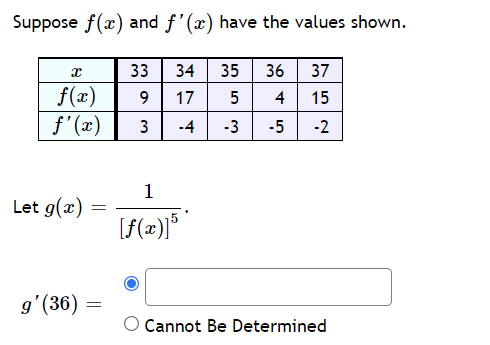 Suppose f(x) and f'(x) have the values shown.
33
34
35
36
37
f(x)
f'(x)
9.
17
5
4
15
3
-4
-3
-5
-2
1
Let g(x)
g'(36) =
O Cannot Be Determined
