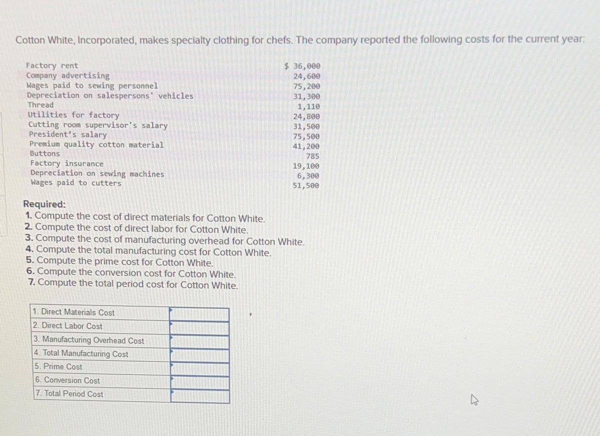 Cotton White, Incorporated, makes specialty clothing for chefs. The company reported the following costs for the current year:
Factory rent
Company advertising
Wages paid to sewing personnel
Depreciation on salespersons' vehicles
Thread
Utilities for factory
Cutting room supervisor's salary
President's salary
Premium quality cotton material
Buttons
Factory insurance
Depreciation on sewing machines
Wages paid to cutters
1. Direct Materials Cost
2. Direct Labor Cost
3. Manufacturing Overhead Cost
4. Total Manufacturing Cost
5. Prime Cost
$ 36,000
24,600
75,200
31,300
1,110
6. Conversion Cost
7. Total Period Cost
24,800
31,500
75,500
41, 200
785
Required:
1. Compute the cost of direct materials for Cotton White.
2. Compute the cost of direct labor for Cotton White.
3. Compute the cost of manufacturing overhead for Cotton White.
4. Compute the total manufacturing cost for Cotton White.
5. Compute the prime cost for Cotton White.
6. Compute the conversion cost for Cotton White.
7. Compute the total period cost for Cotton White.
19,100
6,300
51,500