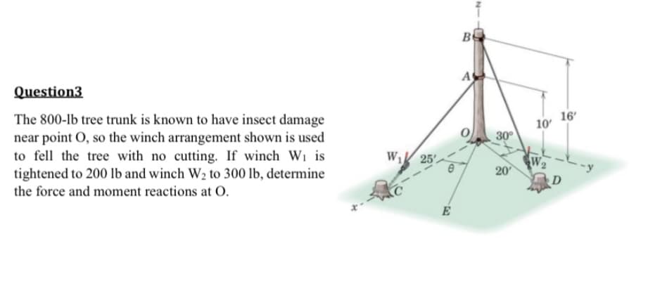 Question3
The 800-lb tree trunk is known to have insect damage
near point O, so the winch arrangement shown is used
to fell the tree with no cutting. If winch W₁ is
tightened to 200 lb and winch W₂ to 300 lb, determine
the force and moment reactions at O.
W₁ 25'
E
B
A
30°
20
10'
W₂
16'
D