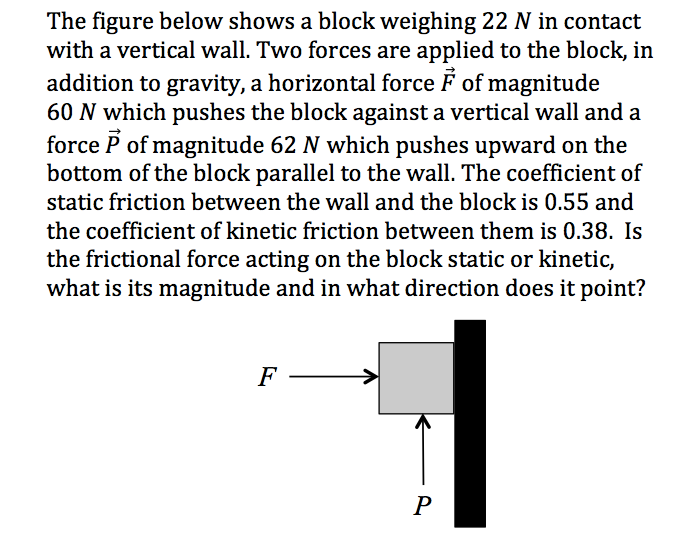 The figure below shows a block weighing 22 N in contact
with a vertical wall. Two forces are applied to the block, in
addition to gravity, a horizontal force F of magnitude
60 N which pushes the block against a vertical wall and a
force P of magnitude 62 N which pushes upward on the
bottom of the block parallel to the wall. The coefficient of
static friction between the wall and the block is 0.55 and
the coefficient of kinetic friction between them is 0.38. Is
the frictional force acting on the block static or kinetic,
what is its magnitude and in what direction does it point?
F
P
