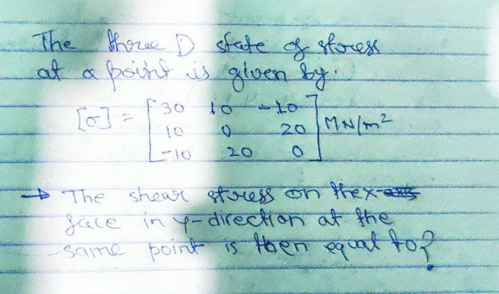 The bhorse D sfate f storess.
at a poitt i giuen by.
t07
20 MN/m²
f30
to
[0]=
20
The shors सज्प क हिसर
४ म-वiबeीक की C
same point is Hoen equat to?
