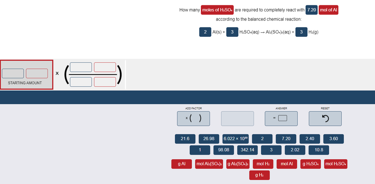How many moles of H2SO4 are required to completely react with 7.20 mol of Al
according to the balanced chemical reaction:
2 Al(s) + 3
H:SO-(aq) → Al:(SO-):(aq) + 3 H2(g)
STARTING AMOUNT
ADD FACTOR
ANSWER
RESET
*( )
21.6
26.98
6.022 x 1023
2
7.20
2.40
3.60
1
98.08
342.14
3
2.02
10.8
g Al
mol Al:(SO.)s g Al:(SO4)s
mol Hz
mol Al
g H2SO.
mol H2SO4
g H2
I
