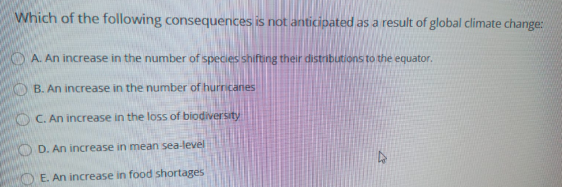 Which of the following consequences is not anticipated as a result of global climate change:
A. An increase in the number of species shifting their distributions to the equator.
B. An increase in the number of hurricanes
C. An increase in the loss of biodiversity
D. An increase in mean sea-level
E. An increase in food shortages
