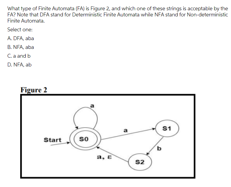 What type of Finite Automata (FA) is Figure 2, and which one of these strings is acceptable by the
FA? Note that DFA stand for Deterministic Finite Automata while NFA stand for Non-deterministic
Finite Automata.
Select one:
A. DFA, aba
B. NFA, aba
C. a and b
D. NFA, ab
Figure 2
a
S1
a
Start
so
а, &
S2
