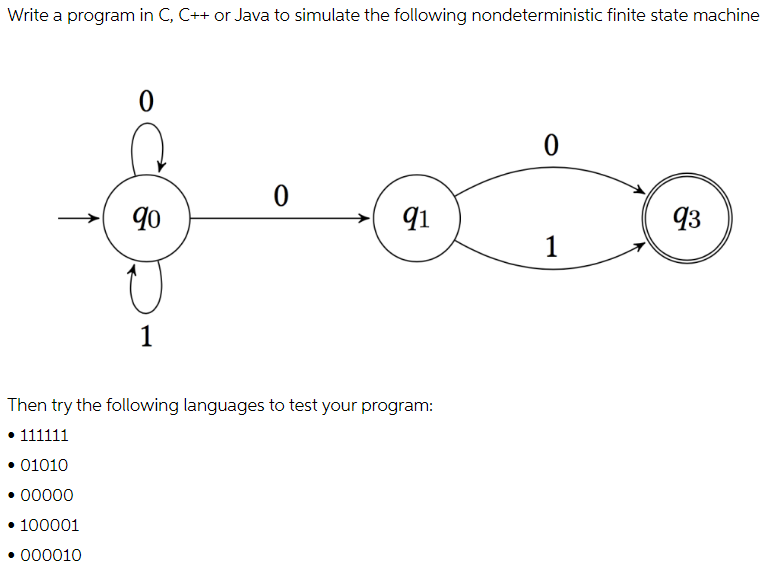 Write a program in C, C++ or Java to simulate the following nondeterministic finite state machine
90
91
93
1
1
Then try the following languages to test your program:
• 111111
• 01010
00000
100001
• 000010

