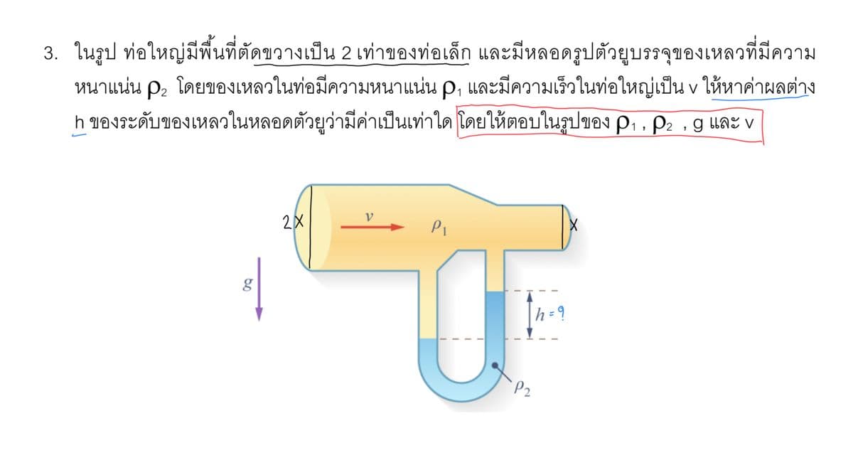 3. ในรูป ท่อใหญ่มีพื้นที่ตัดขวางเป็น 2 เท่าของท่อเล็ก และมีหลอดรูปตัวยูบรรจุของเหลวที่มีความ
หนาแน่น P, โดยของเหลวในท่อมีความหนาแน่น P, และมีความเร็วในท่อใหญ่เป็น v ให้หาค่าผลต่าง
h ของระดับของเหลวในหลอดตัวยูว่ามีค่าเป็นเท่าใด โดยให้ตอบในรูปของ D1 , p, g และ V
V
2
V
Pi
g
h=?
P2
