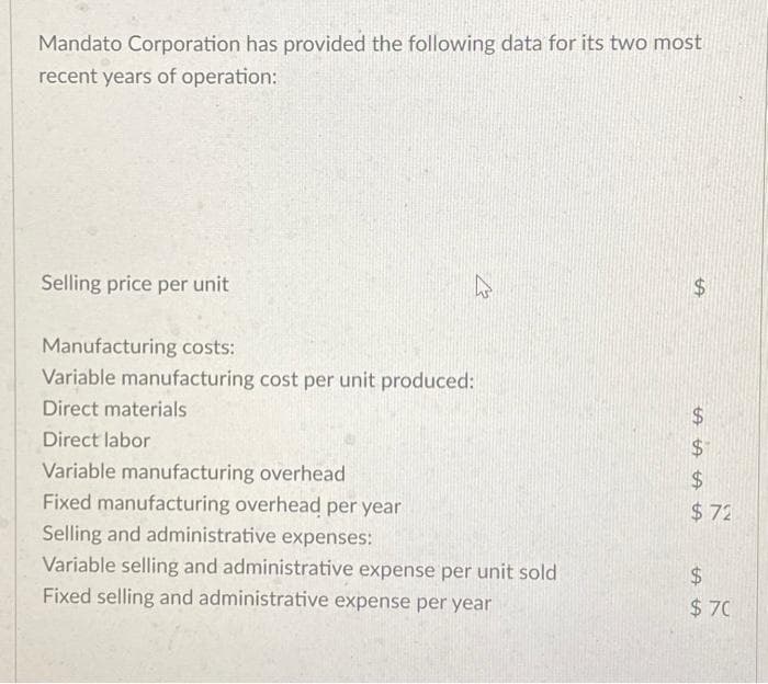 Mandato Corporation has provided the following data for its two most
recent years of operation:
Selling price per unit
Manufacturing costs:
Variable manufacturing cost per unit produced:
Direct materials
Direct labor
Variable manufacturing overhead
Fixed manufacturing overhead per year
Selling and administrative expenses:
Variable selling and administrative expense per unit sold
Fixed selling and administrative expense per year
$
LA LA LA LA
$
$
$
$72
$
LA LA
$70