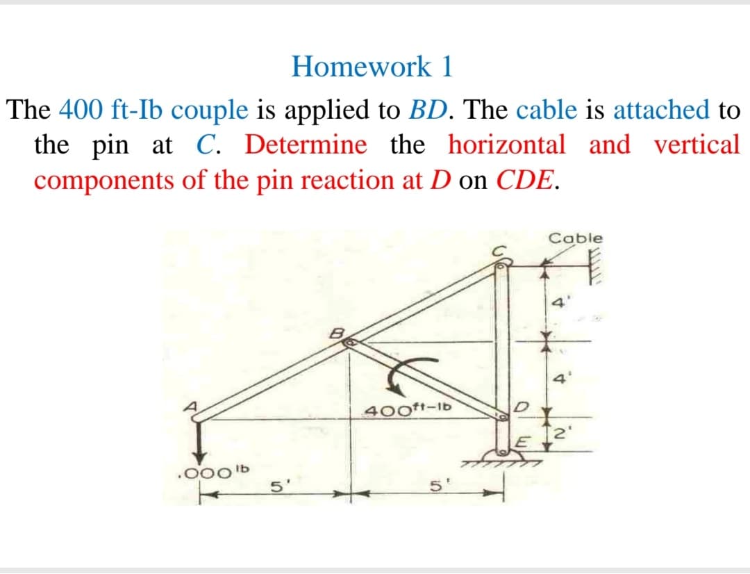 Homework 1
The 400 ft-Ib couple is applied to BD. The cable is attached to
the pin at C. Determine the horizontal and vertical
components of the pin reaction at D on CDE.
Cable
4'
400tt-Ib
.000'b
