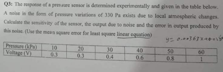Q3: The response of a pressure sensor is determined experimentally and given in the table below.
A noise in the form of pressure variations of 330 Pa exists due to local atmospheric changes.
Calculate the sensitivity of the sensor, the output due to noise and the error in output produced by
this noise. (Use the mean square error for least square linear equation)
Pressure (kPa)
Voltage (V)
10
20
30
40
50
60
0.3
0.3
0.4
0.6
0.8

