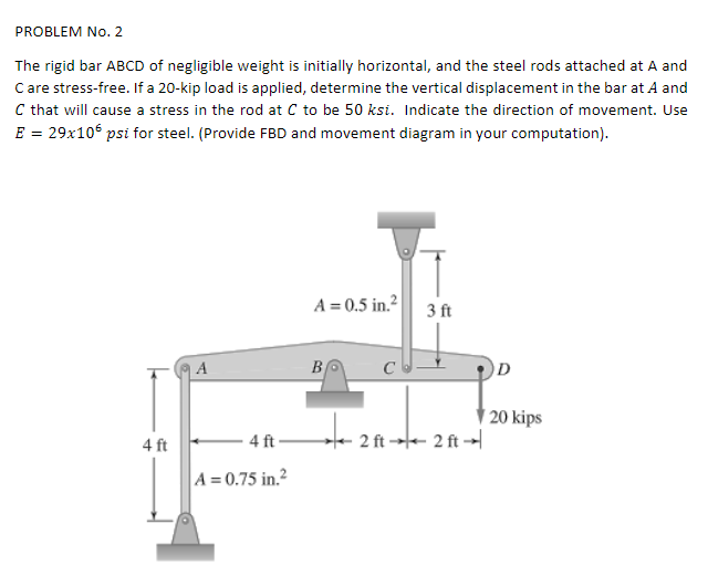 PROBLEM No. 2
The rigid bar ABCD of negligible weight is initially horizontal, and the steel rods attached at A and
C are stress-free. If a 20-kip load is applied, determine the vertical displacement in the bar at A and
C that will cause a stress in the rod at C to be 50 ksi. Indicate the direction of movement. Use
E = 29x106 psi for steel. (Provide FBD and movement diagram in your computation).
A = 0.5 in.?
3 ft
| A
B
D
| 20 kips
te 2 ft -→-- 2 ft -→l
4 ft
4 ft
A = 0.75 in.²
