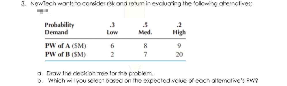 3. NewTech wants to consider risk and return in evaluating the following alternatives:
Probability
Demand
.3
.5
Med.
.2
Low
High
PW of A ($M)
6
8
PW of B ($M)
7
20
a. Draw the decision tree for the problem.
b. Which will you select based on the expected value of each alternative's PW?
