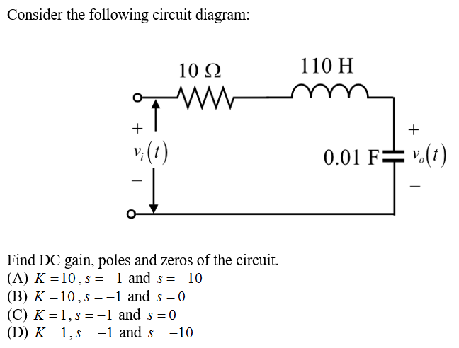 Consider the following circuit diagram:
10 2
110 H
+
+
v:(1)
0.01 F= v.(1)
Find DC gain, poles and zeros of the circuit.
(A) K =10, s =-1 and s =-10
(B) K =10, s =-1 and s =0
(C) K = 1, s =-1 and s = 0
(D) K = 1, s =-1 and s= -10
