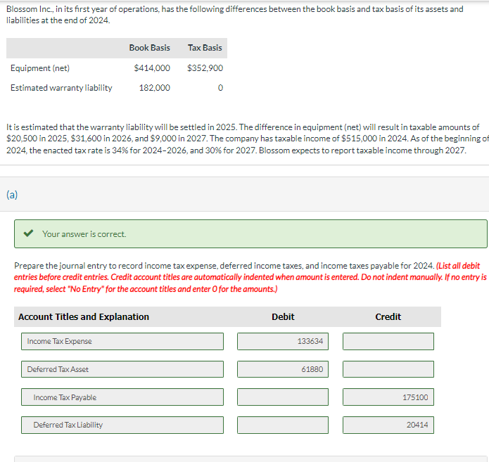 Blossom Inc., in its first year of operations, has the following differences between the book basis and tax basis of its assets and
liabilities at the end of 2024.
Book Basis
Tax Basis
Equipment (net)
$414,000
$352,900
Estimated warranty liability
182,000
It is estimated that the warranty liability will be settled in 2025. The difference in equipment (net) will result in taxable amounts of
$20,500 in 2025, $31,600 in 2026, and $9,000 in 2027. The company has taxable income of $515,000 in 2024. As of the beginning of
2024, the enacted tax rate is 34% for 2024-2026, and 30% for 2027. Blossom expects to report taxable income through 2027.
(a)
Your answer is correct.
Prepare the journal entry to record income tax expense, deferred income taxes, and income taxes payable for 2024. (List all debit
entries before credit entries. Credit account titles are automatically indented when amount is entered. Do not indent manually. If no entry is
required, select "No Entry" for the account titles and enter O for the amounts.)
Account Titles and Explanation
Income Tax Expense
Deferred Tax Asset
Income Tax Payable
Deferred Tax Liability
Debit
133634
61880
Credit
175100
20414