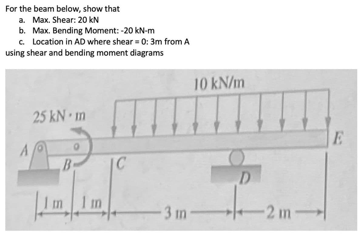 For the beam below, show that
a. Max. Shear: 20 kN
b. Max. Bending Moment: -20 kN-m
c. Location in AD where shear = 0: 3m from A
using shear and bending moment diagrams
A
25 kN - m
B
m
C
10 kN/m
-3 m-
D
←2 m-
E