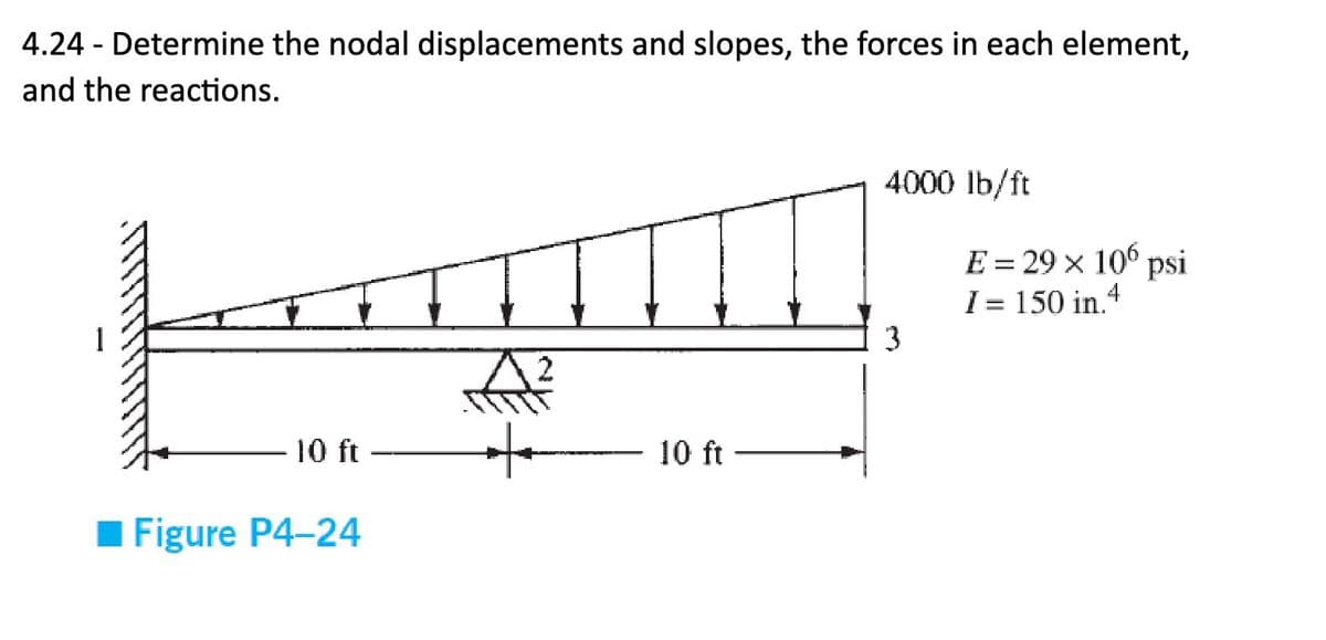 4.24 - Determine the nodal displacements and slopes, the forces in each element,
and the reactions.
10 ft
■Figure P4-24
10 ft-
4000 lb/ft
3
E = 29 × 106 psi
I = 150 in.4