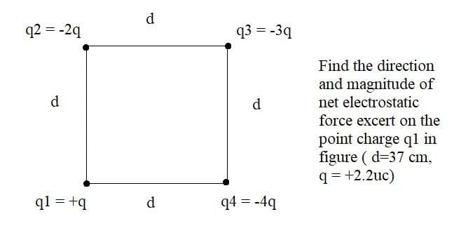 d
q2 = -2q
q3 = -3q
Find the direction
and magnitude of
net electrostatic
d
d
force excert on the
point charge ql in
figure ( d=37 cm,
q= +2.2uc)
q1 = +q
d
q4 = -4q
