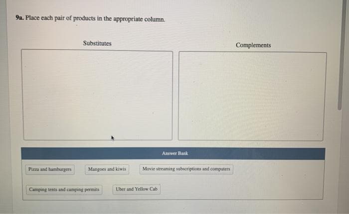 9a. Place cach pair of products in the appropriate column.
Substitutes
Complements
Answer Bank
Pizza and hamburgers
Mangoes and kiwis
Movie streaming subscriptions and computers
Camping tents and camping permits
Uber and Yellow Cab
