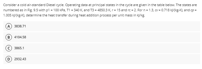 Consider a cold air-standard Diesel cycle. Operating data at principal states in the cycle are given in the table below. The states are
numbered as in Fig. 9.5 with p1 = 100 kPa, T1 = 340 K, and T3 = 4850.3 K, r= 15 and rc=2. For n=1.3, cv = 0.718 kJ/(kg-K), and cp =
1.005 kJ/(kg-K), determine the heat transfer during heat addition process per unit mass in kJ/kg.
A) 3838.71
B 4104.58
3865.1
D) 2932.43