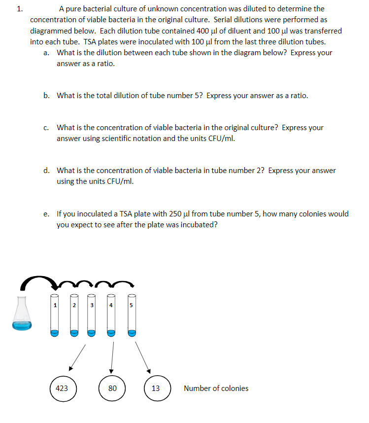 A pure bacterial culture of unknown concentration was diluted to determine the
concentration of viable bacteria in the original culture. Serial dilutions were performed as
1.
diagrammed below. Each dilution tube contained 400 ul of diluent and 100 ul was transferred
into each tube. TSA plates were inoculated with 100 µul from the last three dilution tubes.
a. What is the dilution between each tube shown in the diagram below? Express your
answer as a ratio.
b. What is the total dilution of tube number 5? Express your answer as a ratio.
c. What is the concentration of viable bacteria in the original culture? Express your
answer using scientific notation and the units CFU/ml.
d. What is the concentration of viable bacteria in tube number 2? Express your answer
using the units CFU/ml.
e. If you inoculated a TSA plate with 250 µl from tube number 5, how many colonies would
you expect to see after the plate was incubated?
1
2
3
5
423
80
13
Number of colonies
