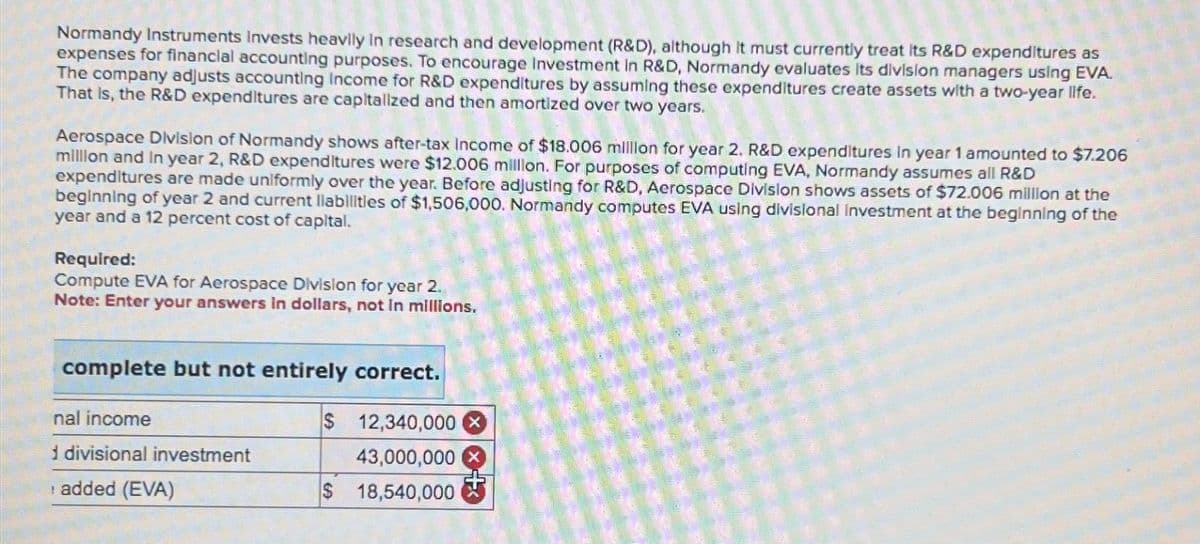 Normandy Instruments Invests heavily in research and development (R&D), although It must currently treat its R&D expenditures as
expenses for financial accounting purposes. To encourage Investment in R&D, Normandy evaluates its division managers using EVA.
The company adjusts accounting Income for R&D expenditures by assuming these expenditures create assets with a two-year life.
That is, the R&D expenditures are capitalized and then amortized over two years.
Aerospace Division of Normandy shows after-tax Income of $18.006 million for year 2. R&D expenditures in year 1 amounted to $7.206
million and in year 2, R&D expenditures were $12.006 million. For purposes of computing EVA, Normandy assumes all R&D
expenditures are made uniformly over the year. Before adjusting for R&D, Aerospace Division shows assets of $72.006 million at the
beginning of year 2 and current liabilities of $1,506,000. Normandy computes EVA using divisional Investment at the beginning of the
year and a 12 percent cost of capital.
Required:
Compute EVA for Aerospace Division for year 2.
Note: Enter your answers in dollars, not in millions.
complete but not entirely correct.
nal income
1 divisional investment
added (EVA)
$ 12,340,000
43,000,000 x
$ 18,540,000