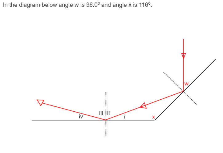 In the diagram below angle w is 36.0° and angle x is 116°.
w
iv
