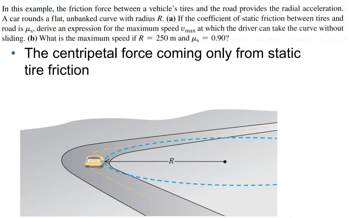 In this example, the friction force between a vehicle's tires and the road provides the radial acceleration.
A car rounds a flat, unbanked curve with radius R. (a) If the coefficient of static friction between tires and
road is µg, derive an expression for the maximum speed vmax at which the driver can take the curve without
sliding. (b) What is the maximum speed if R
250 m and us
0.90?
The centripetal force coming only from static
tire friction
R-
