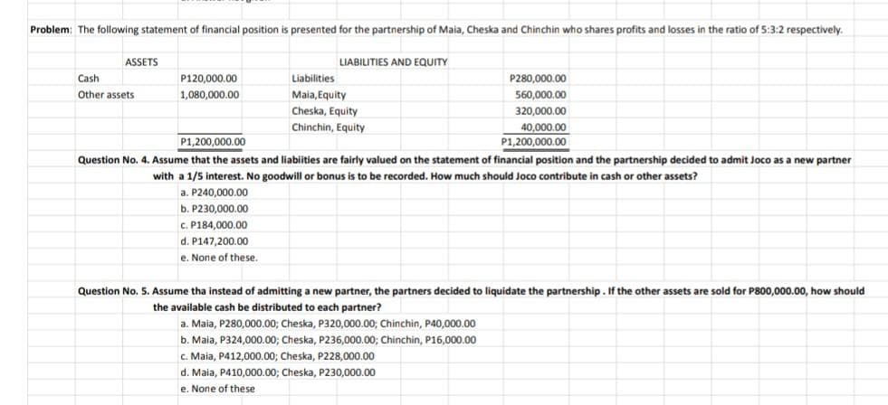 Problem: The following statement of financial position is presented for the partnership of Maia, Cheska and Chinchin who shares profits and losses in the ratio of 5:3:2 respectively.
ASSETS
LIABILITIES AND EQUITY
Cash
P120,000.00
Liabilities
P280,000.00
Other assets
1,080,000.00
Maia, Equity
560,000.00
Cheska, Equity
320,000.00
Chinchin, Equity
40,000.00
P1,200,000.00
P1,200,000.00
Question No. 4. Assume that the assets and liabiities are fairly valued on the statement of financial position and the partnership decided to admit Joco as a new partner
with a 1/5 interest. No goodwill or bonus is to be recorded. How much should Joco contribute in cash or other assets?
a. P240,000.00
b. P230,000.00
c. P184,000.00
d. P147.200.00
e. None of these.
Question No. 5. Assume tha instead of admitting a new partner, the partners decided to liquidate the partnership. If the other assets are sold for P800,000.00, how should
the available cash be distributed to each partner?
a. Maia, P280,000.00; Cheska, P320,000.00; Chinchin, P40,000.00
b. Maia, P324,000.00; Cheska, P236,000.00; Chinchin, P16,000.00
C. Maia, P412,000.00; Cheska, P228,000.00
d. Maia, P410,000.00; Cheska, P230,000.00
e. None of these
