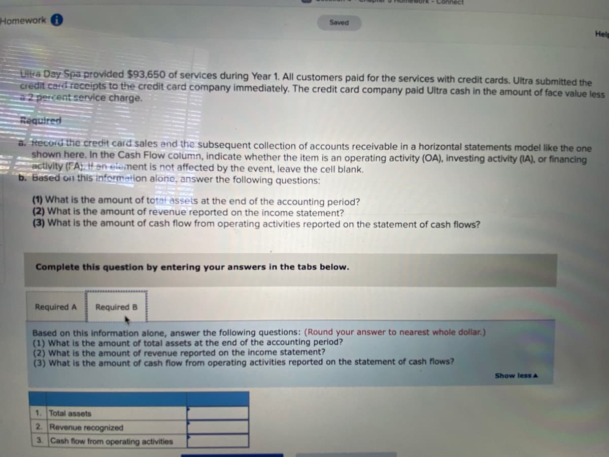 Connect
Homework
Saved
Help
Uitra Day Spa provided $93,650 of services during Year 1. All customers paid for the services with credit cards. Ultra submitted the
credit card receipts to the credit card company immediately. The credit card company paid Ultra cash in the amount of face value less
2 percent service charge.
Required
6. Record the credit card sales and the subsequent collection of accounts receivable in a horizontal statements model like the one
shown here. In the Cash Flow column, indicate whether the item is an operating activity (OA), investing activity (IA), or financing
activity (FA H en element is not affected by the event, leave the cell blank.
b. Based on this information alone, answer the following questions:
(1) What is the amount of totai assets at the end of the accounting period?
(2) What is the amount of revenue reported on the income statement?
(3) What is the amount of cash flow from operating activities reported on the statement of cash flows?
Complete this question by entering your answers in the tabs below.
Required A
Required B
Based on this information alone, answer the following questions: (Round your answer to nearest whole dollar.)
(1) What is the amount of total assets at the end of the accounting period?
(2) What is the amount of revenue reported on the income statement?
(3) What is the amount of cash flow from operating activities reported on the statement of cash flows?
Show less A
1. Total assets
2. Revenue recognized
3.
Cash flow from operating activities

