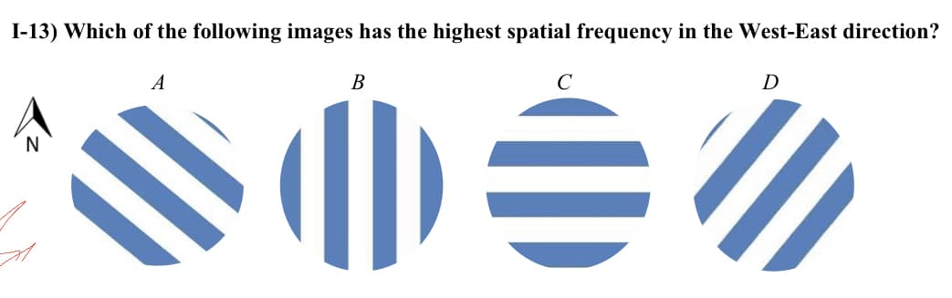 I-13) Which of the following images has the highest spatial frequency in the West-East direction?
B
A
D
态乡
C