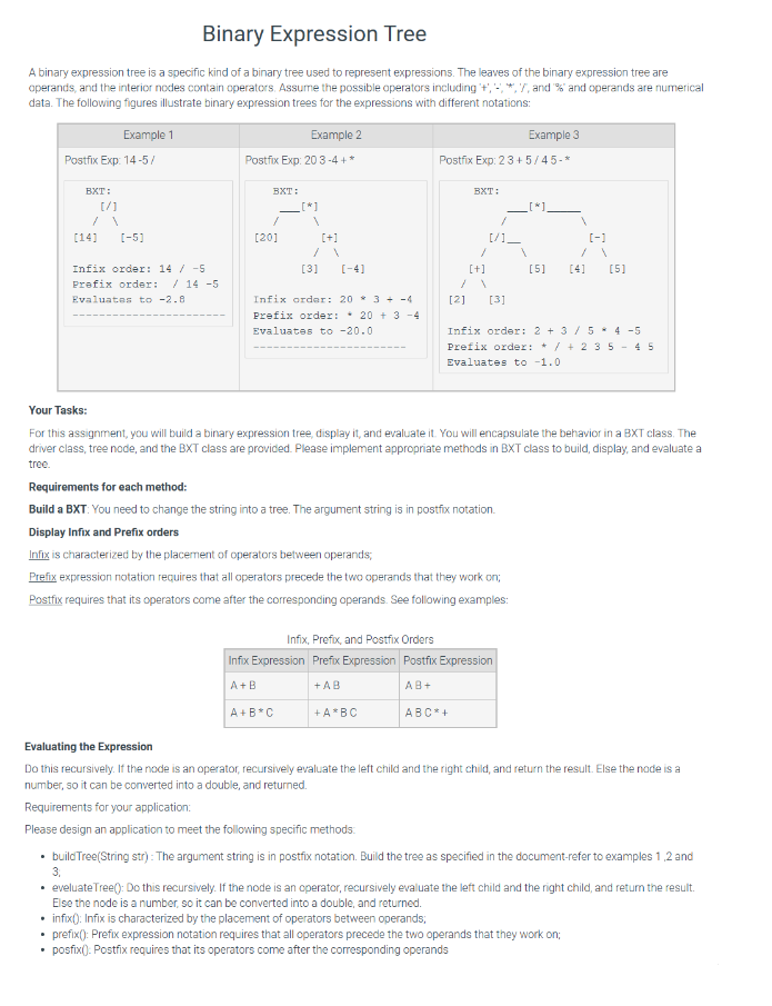 Binary Expression Tree
A binary expression tree is a specific kind of a binary tree used to represent expressions. The leaves of the binary expression tree are
operands, and the interior nodes contain operators. Assume the possible operators including +, -,,, and % and operands are numerical
data. The following figures illustrate binary expression trees for the expressions with different notations:
Example 1
Postfix Exp: 14-5/
BXT:
[/]
[14] [-5]
Infix order: 14 / -5
Prefix order: / 14-5
Evaluates to -2.8
Example 2
Postfix Exp: 203-4+*
Example 3
Postfix Exp: 23+5/45-*
BXT:
BXT:
[[*]
[20]
[+]
[/1
[-]
/\
,
.
ハ
[3]
[-4]
[+]
[5] [4]
[5]
1
Infix order: 203-4
Prefix order: 20 + 3-4
Evaluates to -20.0
[2]
[3]
Infix order: 2 + 3 / 54-5
Prefix order: * / +235-45
Evaluates to -1.0
Your Tasks:
For this assignment, you will build a binary expression tree, display it, and evaluate it. You will encapsulate the behavior in a BXT class. The
driver class, tree node, and the BXT class are provided. Please implement appropriate methods in BXT class to build, display, and evaluate a
tree.
Requirements for each method:
Build a BXT: You need to change the string into a tree. The argument string is in postfix notation.
Display Infix and Prefix orders
Infix is characterized by the placement of operators between operands;
Prefix expression notation requires that all operators precede the two operands that they work on;
Postfix requires that its operators come after the corresponding operands. See following examples:
Infix, Prefix, and Postfix Orders
Infix Expression Prefix Expression Postfix Expression
A+B
+AB
AB+
A+B˚C
+ A*BC
ABC*+
Evaluating the Expression
Do this recursively. If the node is an operator, recursively evaluate the left child and the right child, and return the result. Else the node is a
number, so it can be converted into a double, and returned.
Requirements for your application:
Please design an application to meet the following specific methods:
.
build Tree(String str): The argument string is in postfix notation. Build the tree as specified in the document-refer to examples 1,2 and
3;
• eveluate Tree(): Do this recursively. If the node is an operator, recursively evaluate the left child and the right child, and return the result.
Else the node is a number, so it can be converted into a double, and returned.
• infix(): Infix is characterized by the placement of operators between operands;
prefix(): Prefix expression notation requires that all operators precede the two operands that they work on;
posfix(): Postfix requires that its operators come after the corresponding operands