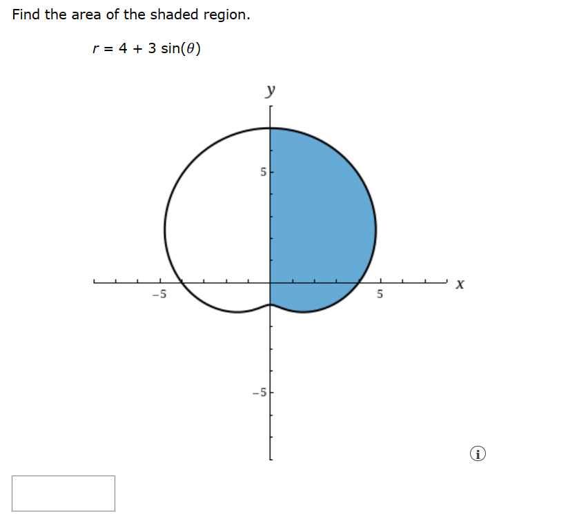 Find the area of the shaded region.
r = 4 + 3 sin(0)
-5
y
5
-5
50
- X
i