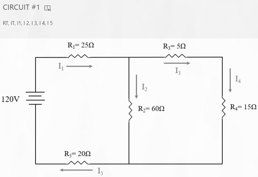 CIRCUIT #1 n
RT, IT, 1, I 2, 1 3, 1 4, 1 5
R1= 252
R3= 52
I –
I3
I4
I
120V
R2= 602
R4= 15N
R5= 202
Is
