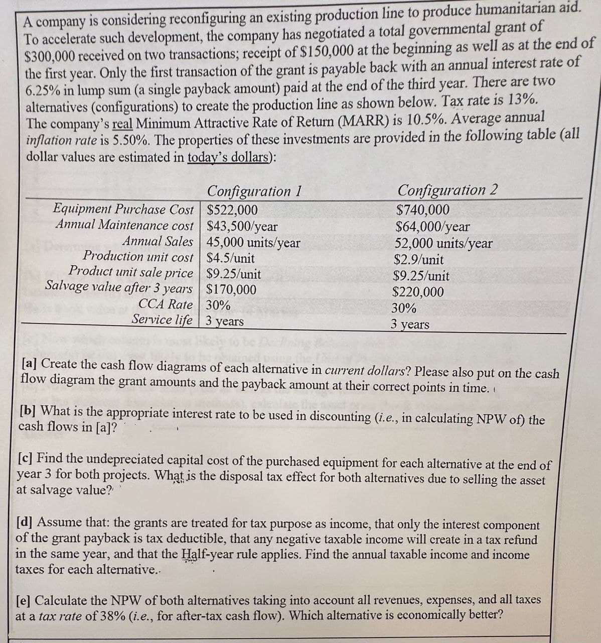 A company is considering reconfiguring an existing production line to produce humanitarian aid.
To accelerate such development, the company has negotiated a total governmental grant of
$300,000 received on two transactions; receipt of $150,000 at the beginning as well as at the end of
the first year. Only the first transaction of the grant is payable back with an annual interest rate of
6.25% in lump sum (a single payback amount) paid at the end of the third year. There are two
alternatives (configurations) to create the production line as shown below. Tax rate is 13%.
The company's real Minimum Attractive Rate of Return (MARR) is 10.5%. Average annual
inflation rate is 5.50%. The properties of these investments are provided in the following table (all
dollar values are estimated in today's dollars):
Equipment Purchase Cost
Annual Maintenance cost
Annual Sales
Production unit cost
Product unit sale price
Salvage value after 3 years
Configuration 1
$522,000
$43,500/year
45,000 units/year
$4.5/unit
$9.25/unit
$170,000
CCA Rate 30%
Service life 3 years
Configuration 2
$740,000
$64,000/year
52,000 units/year
$2.9/unit
$9.25/unit
$220,000
30%
3 years
[a] Create the cash flow diagrams of each alternative in current dollars? Please also put on the cash
flow diagram the grant amounts and the payback amount at their correct points in time.
[b] What is the appropriate interest rate to be used in discounting (i.e., in calculating NPW of) the
cash flows in [a]?
[c] Find the undepreciated capital cost of the purchased equipment for each alternative at the end of
year 3 for both projects. What is the disposal tax effect for both alternatives due to selling the asset
at salvage value?
[d] Assume that: the grants are treated for tax purpose as income, that only the interest component
of the grant payback is tax deductible, that any negative taxable income will create in a tax refund
in the same year, and that the Half-year rule applies. Find the annual taxable income and income
taxes for each alternative..
[e] Calculate the NPW of both alternatives taking into account all revenues, expenses, and all taxes
at a tax rate of 38% (i.e., for after-tax cash flow). Which alternative is economically better?