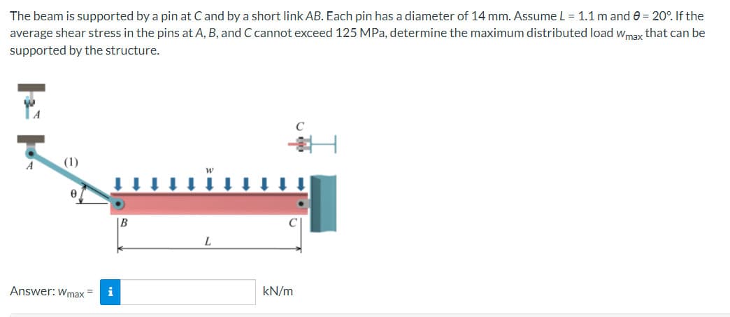 The beam is supported by a pin at C and by a short link AB. Each pin has a diameter of 14 mm. Assume L = 1.1 m and 0 = 20°. If the
average shear stress in the pins at A, B, and C cannot exceed 125 MPa, determine the maximum distributed load Wmax that can be
supported by the structure.
(1)
0
Answer: Wmax
i
B
kN/m
C