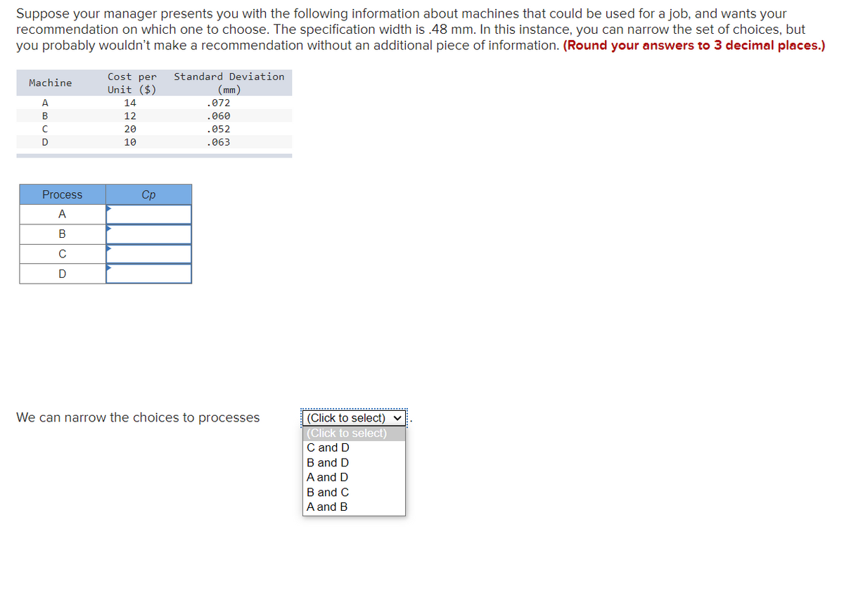 Suppose your manager presents you with the following information about machines that could be used for a job, and wants your
recommendation on which one to choose. The specification width is .48 mm. In this instance, you can narrow the set of choices, but
you probably wouldn't make a recommendation without an additional piece of information. (Round your answers to 3 decimal places.)
Machine
A
B
с
D
Process
A
B
с
D
Cost per Standard Deviation
Unit ($)
14
12
20
10
Cp
(mm)
.072
.060
.052
.063
We can narrow the choices to processes
(Click to select) ✓
(Click to select)
C and D
B and D
A and D
B and C
A and B