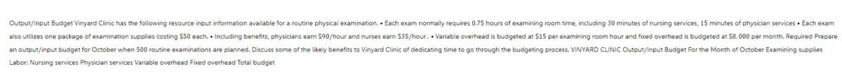 Output/Input Budget Vinyard Clinic has the following resource input information available for a routine physical examination. Each exam normally requires 0.75 hours of examining room time, including 30 minutes of nursing services, 15 minutes of physician services • Each exam
also utilizes one package of examination supplies costing $50 each. Including benefits, physicians earn $90/hour and nurses earn $35/hour. Variable overhead is budgeted at $15 per examining room hour and fixed overhead is budgeted at $8,000 per month. Required Prepare
an output/input budget for October when 500 routine examinations are planned. Discuss some of the likely benefits to Vinyard Clinic of dedicating time to go through the budgeting process. VINYARD CLINIC Output/Input Budget For the Month of October Examining supplies
Labor: Nursing services Physician services Variable overhead Fixed overhead Total budget