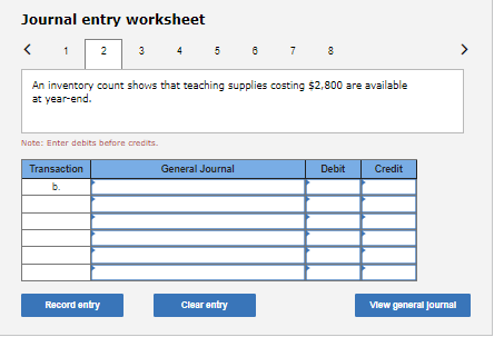 Journal entry worksheet
5 6
1
2
3
4
7
8
An inventory count shows that teaching supplies costing $2,800 are available
at year-end.
Note: Enter debits before credits.
Transaction
General Journal
Debit
Credit
b.
Record entry
Clear entry
Vlew general journal
