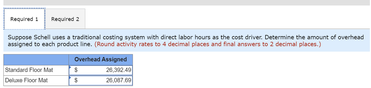 Required 1
Required 2
Suppose Schell uses a traditional costing system with direct labor hours as the cost driver. Determine the amount of overhead
assigned to each product line. (Round activity rates to 4 decimal places and final answers to 2 decimal places.)
Overhead Assigned
Standard Floor Mat
$
26,392.49
Deluxe Floor Mat
$
26,087.69
