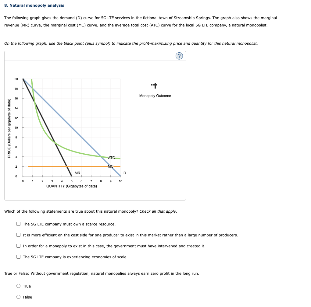 8. Natural monopoly analysis
The following graph gives the demand (D) curve for 5G LTE services in the fictional town of Streamship Springs. The graph also shows the marginal
revenue (MR) curve, the marginal cost (MC) curve, and the average total cost (ATC) curve for the local 5G LTE company, a natural monopolist.
On the following graph, use the black point (plus symbol) to indicate the profit-maximizing price and quantity for this natural monopolist.
PRICE (Dollars per gigabyte of data)
20
18
16
14
12
10
8
6
4
2
0
0
1
+
2
MR
4
3
5
7
QUANTITY (Gigabytes of data)
O True
O False
6
8
ATC
MC
+
9
10
D
Monopoly Outcome
(?)
Which of the following statements are true about this natural monopoly? Check all that apply.
The 5G LTE company must own a scarce resource.
It is more efficient on the cost side for one producer to exist in this market rather than a large number of producers.
In order for a monopoly to exist in this case, the government must have intervened and created it.
The 5G LTE company is experiencing economies of scale.
True or False: Without government regulation, natural monopolies always earn zero profit in the long run.