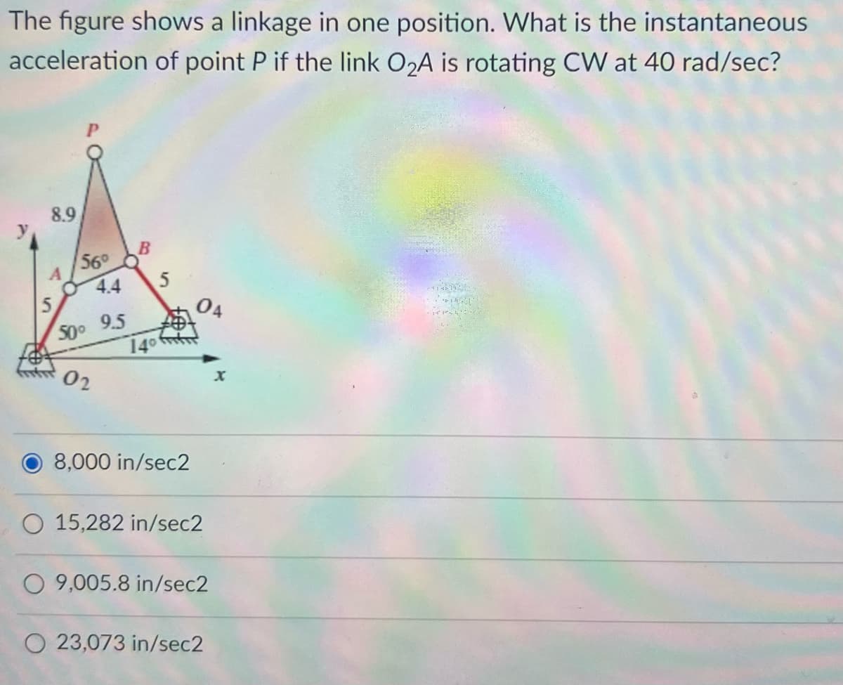 The figure shows a linkage in one position. What is the instantaneous
acceleration of point P if the link O₂A is rotating CW at 40 rad/sec?
8.9
5
B
4.4 5
56°
500 9.5
02
140
8,000 in/sec2
04
O 15,282 in/sec2
O 9,005.8 in/sec2
O 23,073 in/sec2