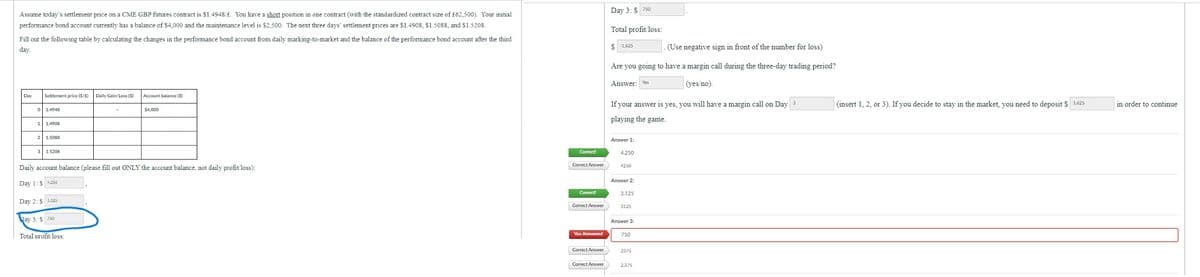 Assume today's settlement price on a CME GBP futures contract is $1.4948/£. You have a short position in one contract (with the standardized contract size of £62,500). Your initial
performance bond account currently has a balance of $4,000 and the maintenance level is $2,500. The next three days' settlement prices are $1.4908, $1.5088, and $1.5208.
Fill out the following table by calculating the changes in the performance bond account from daily marking-to-market and the balance of the performance bond account after the third
day.
Day
Settlement price ($/£)
Daily Gain/Loss (5)
Account balance (5)
0 1.4948
1 1.4908
2 1.5088
3 1.5208
$4,000
Daily account balance (please fill out ONLY the account balance, not daily profit/loss):
Day 1: $4250
Day 2: $ 3.125
Day 3: $750
Total profit/loss:
Day 3: $ 750
Total profit/loss:
$ -1.625
. (Use negative sign in front of the number for loss)
Are you going to have a margin call during the three-day trading period?
Answer: Yes
(yes/no).
If your answer is yes, you will have a margin call on Day 3
playing the game.
Answer 1:
Correct!
4,250
Correct Answer
4250
Answer 2:
Correct!
3,125
Correct Answer
3125
Answer 3:
You Answered
750
Correct Answer
2375
Correct Answer
2.375
(insert 1, 2, or 3). If you decide to stay in the market, you need to deposit $ 1,625
in order to continue