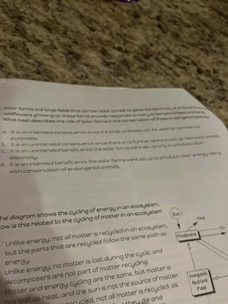 Solar farms are large fields that contain solar panels to generate electricity. It is found that
wildflowers growing on these farms provide resources to many endangered bees and birds
What best describes the role of solar forms in the conservation of these endangered species
It is an intended consequence since the birds and bees can be used for commercial
purposes.
C.
b. It is an unintended consequence since there is no further space to set up new solar panels.
It is an unintended benefit since the solar forms were set up only to produce clean
electricity.
d. It is an intended benefit since the solar farms were set up to produce clean energy along
with conservation of endangered animals.
a.
he diagram shows the cycling of energy in an ecosystem.
ow is this related to the cycling of matter in an ecosystem
Sun
Unlike energy, not all matter is recycled in an ecosystem,
but the parts that are recycled follow the same path as
energy.
Unlike energy, no matter is lost during the cycle, and
decomposers are not part of matter recycling.
Matter and energy cycling are the same, but matter is
not lost as heat, and the sun is not the source of matter.
ucled, not all matter is recycled, as
they die and
Producers
Heal
Inorganic
Nutrient
Pool